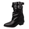 Retro Design Pointed Short Boots Willow Spikes Medium Boots Autumn and Winter Belt Buckle Thick Heel Pile Boots Maillard