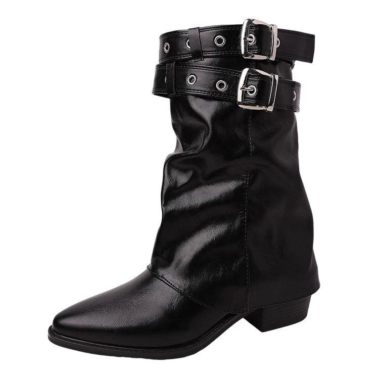 Retro Design Pointed Short Boots Willow Spikes Medium Boots Autumn and Winter Belt Buckle Thick Heel Pile Boots Maillard