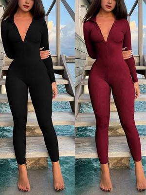 Γυναικεία Εφαρμοστή Ριμπ Ζιπ Ολόσωμη Φόρμα - Casual, Αγκαλιάζει τους Γοφούς