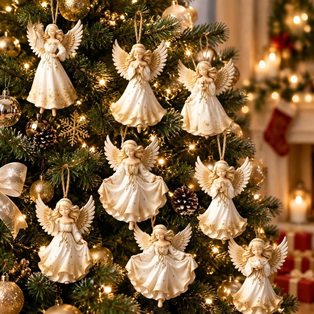 8 pcs Wooden Christmas Tree Ornaments 2D Flat Wings Girl Pendant Xmas Decoration Holiday Party