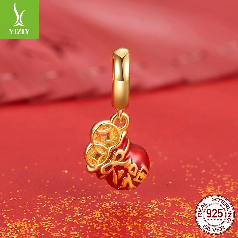 Lucky Bag Small Pendant Diy Bracelet Necklace Beaded Accessories 925 Silver Plated Beads New Year'S Red Gift