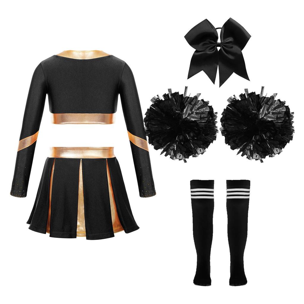Cheerleading-Wettkampf-Set für Mädchen, langärmelig, bauchfreies Top, Faltenrock, Schleife, Stirnband, Kniestrümpfe, Pompom-Zubehör