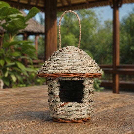 jijijing Grass Woven Bird House, Outdoor Rustic Birdhouse, Hanging Hummingbird Hut, Garden Roosting Pocket for Wrens Sparrows Finches Hummingbirds