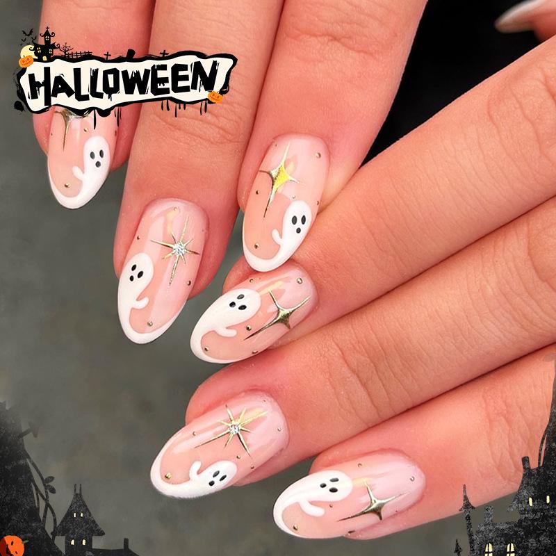 

2024 Halloween Cartoon Ghost Nail Art: Wearable French False Nails