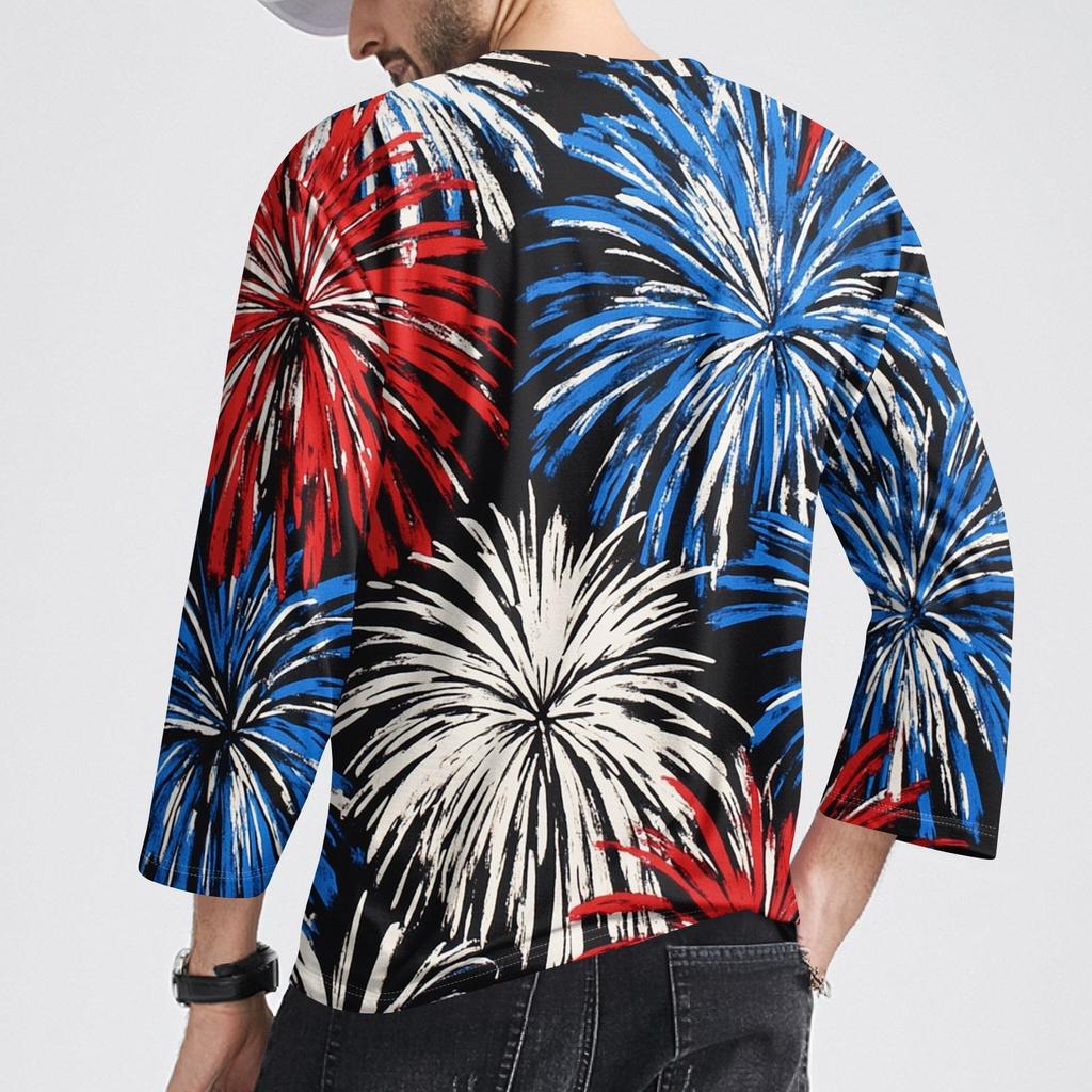 Men's Fashion Casual Independence Day Print  Neck Seven-point Sleeve Top T-shirt