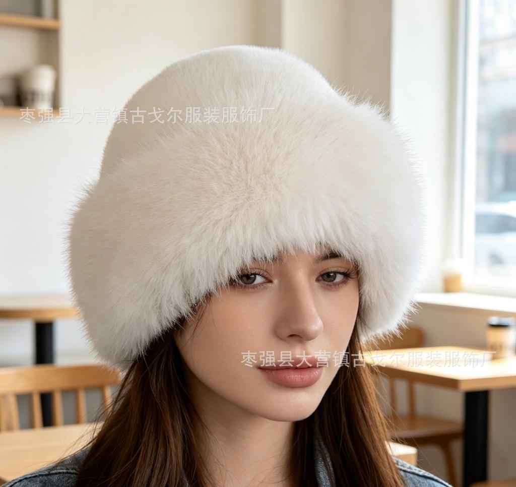 Autumn and winter imitation mink hat women's winter high sense versatile plush bucket hat big head circumference warm ear protection Mongolian hat
