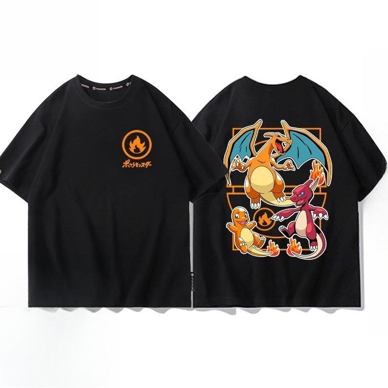Pokémon Pikachu Gengar Charmander Black T-shirt Men's 2026 Summer Fashion Oversize Street Casual Y2K Tops Streetwear Clothing