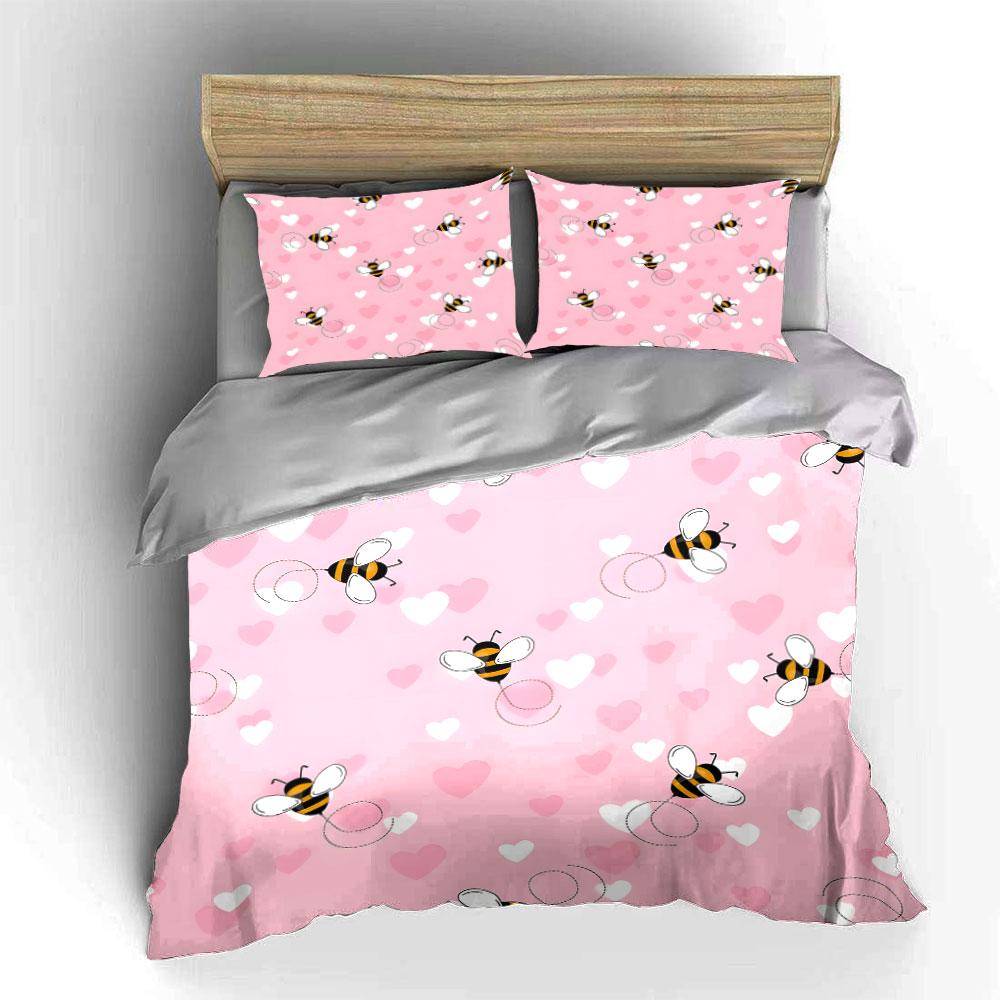 Bee and Heart Pink Pattern Bedding Duvet Cover Set (1*Duvet Cover 2*Pillowcases, without duvet insert)