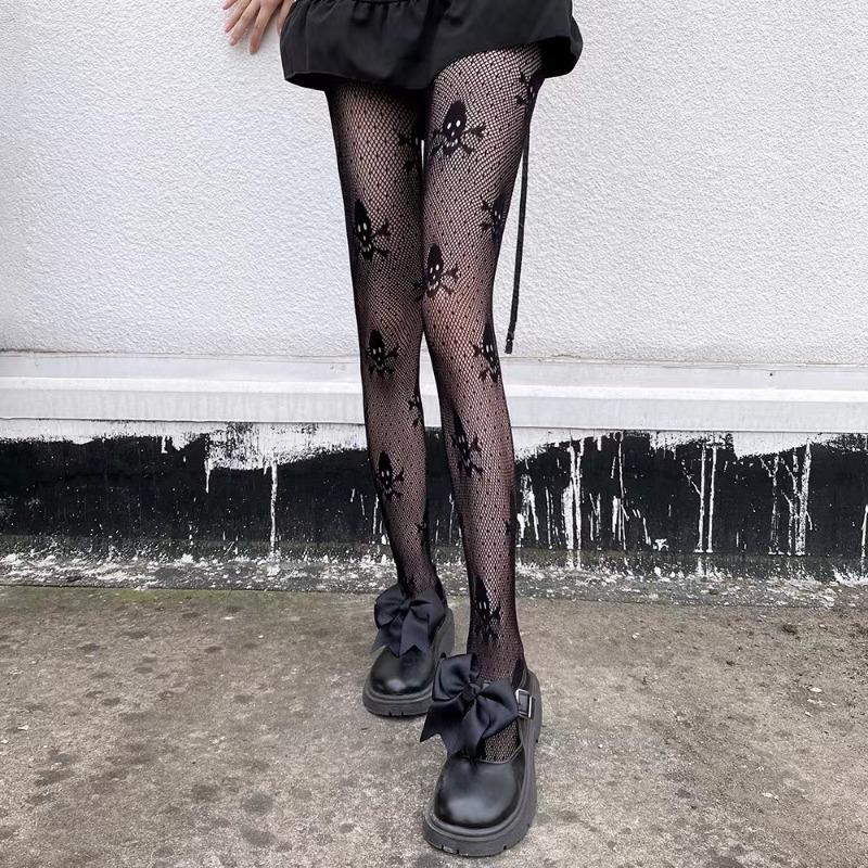 1 pair of dark black JK socks with skull pattern mesh red and black stockings, thin bottomed stockings, hollowed out jacquard me