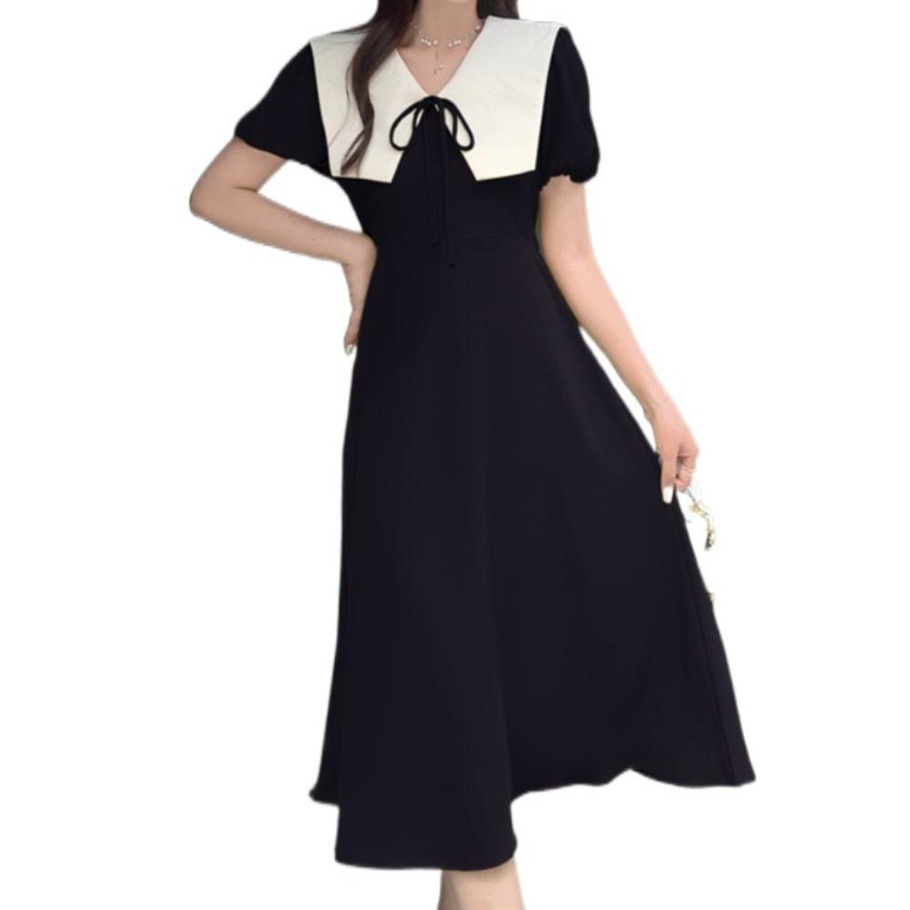 

High Waist Dresses Women A-line Puff Sleeve Sundress Elegant Sweet Bowknot Dress Vacation XXXL чёрный