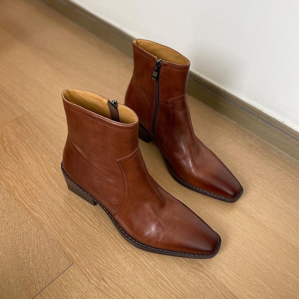 Bootie Women's 2025 New Retro Washed Cowhide Small Square Head Thick Heel Western High Heel Boots British Brown Women's Ankle
