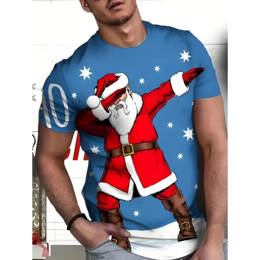 Funny Men's T-Shirts Santa Claus Christmas Oversized Short Sleeve with Snowflakes Print Red Casual O-Neck Outfit Men Clothing