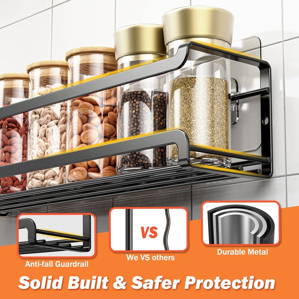 Spice Rack Wall Mounted 4 Pack,Space-Saving Spice Organizer for Spice Jars and Seasonings,Screw or Adhesive Hanging Spice Rack Organizer for Your