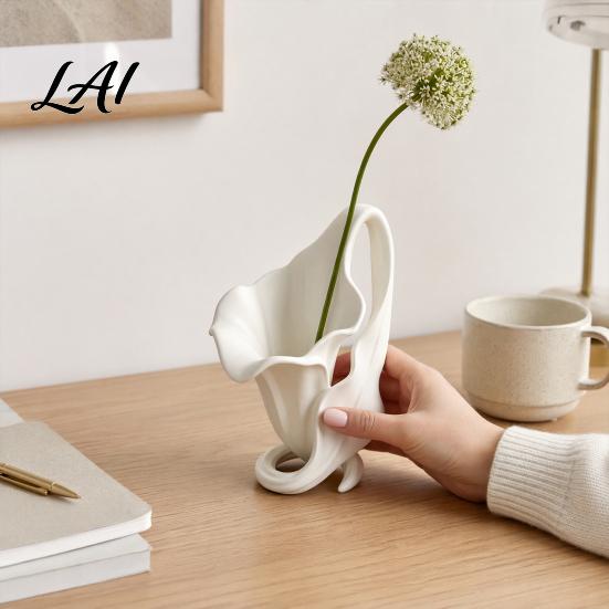 3D Printed Flower Vase Calla Lily Ornament Elegant Matte Off-White Holder with Stable Spiral Abstract Ceramic Look Base Minimalist Desktop Decor for