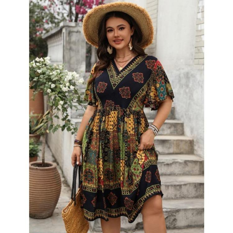 Bohemian Summer Dress for Women High Waisted Loose Print V Neck Casual