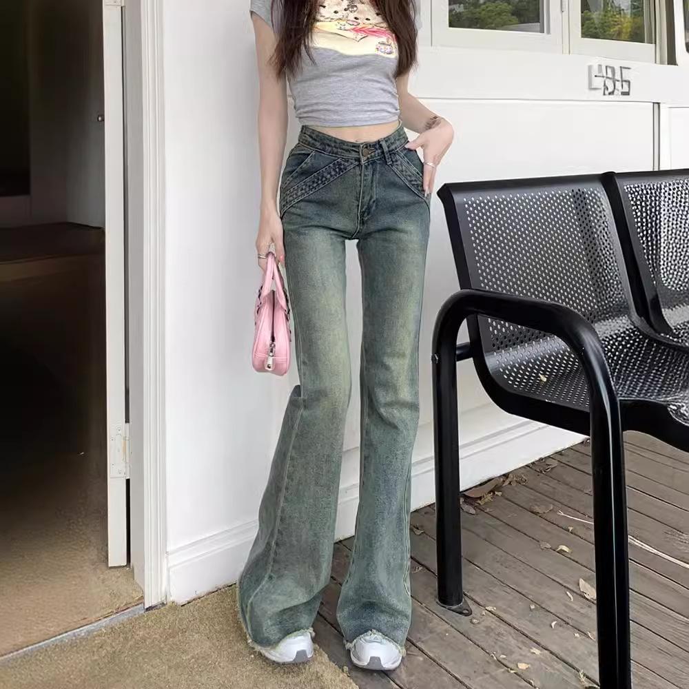 Damen Retro Patchwork Low-Waist Micro Flare Jeans - Frühling Stretch Schlankmachende Bodenlange Hose