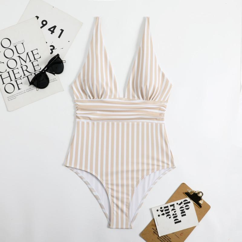 Deep V Neck Vertical Stripe One Piece Swimsuit Ruched High Wais Cut Bathing Suit