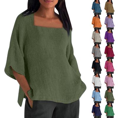 Women's Fashion Casual V-Neck Buttoned Seven-Point Sleeve Cotton Linen Top