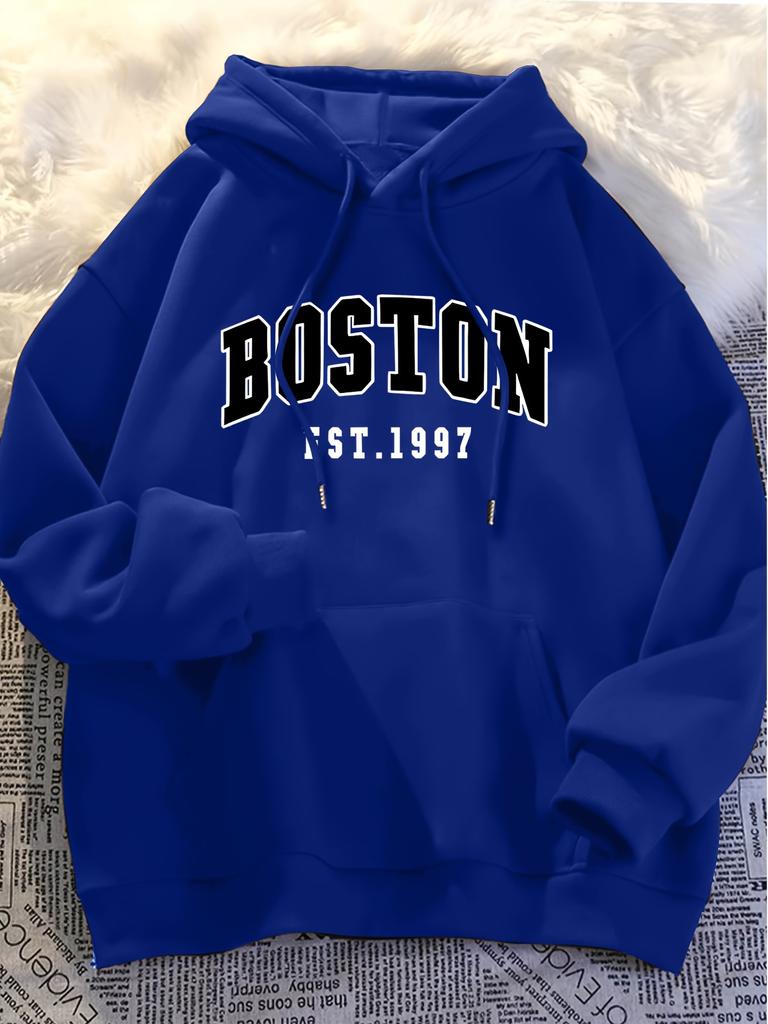 Stylish Boston-inspired letter print men's hoodie, regular fit, casual long-sleeved pullover, a hot-selling men's sweatshirt.