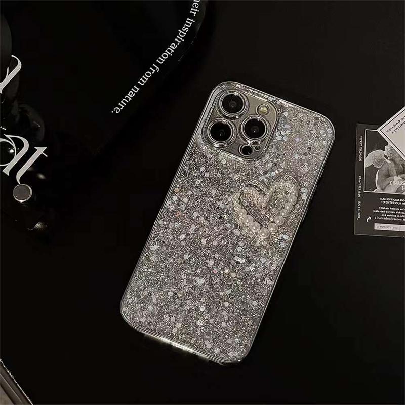 Luxury Pearl Love Heart Diamond Flash Phone Case For iPhone 15 14 13 12 11 Pro Max Electroplating Shockproof Cover For iPhone 15 14 13 12 11
