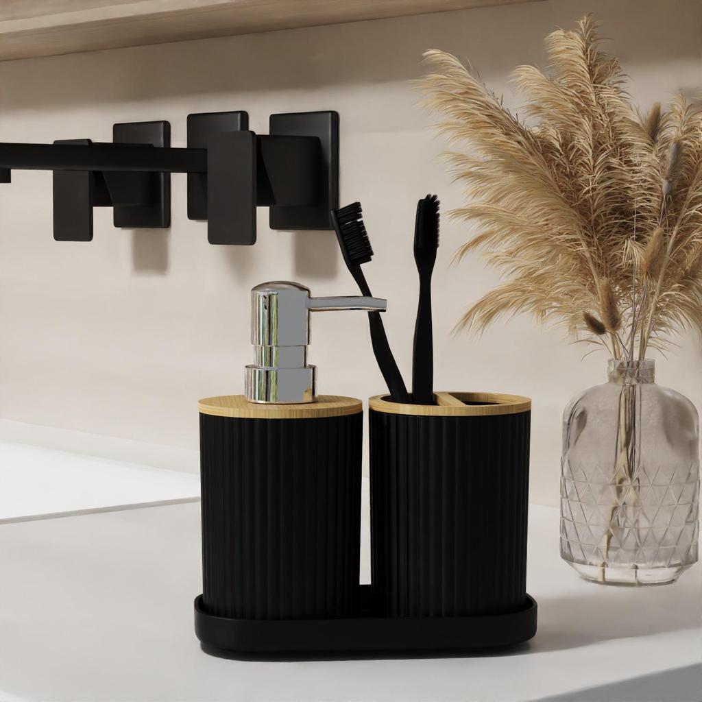 Ensemble de salle de bain en bois de bambou: Comprend Bouteilles, Brosse de Toilette, Porte-Brosse à Dents, Poubelle - 3 Pièces.