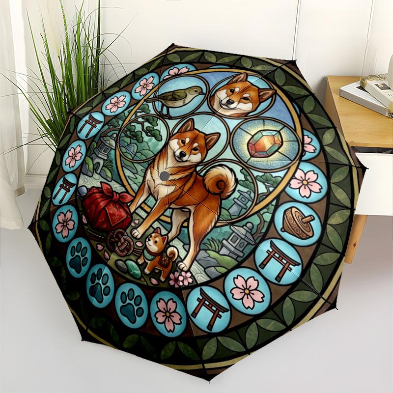 Japanese Shiba Inu Glass Pattern Umbrella, Portable and Foldable Design, 8 Ribs, a Casual Accessory for Halloween, Christmas, and Birthday Gifts.
