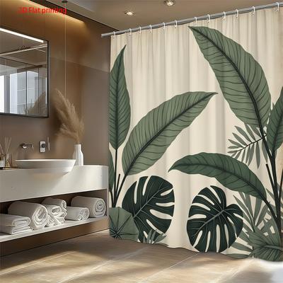 Tropická Listová Sprchová Závěs 1ks – Monstera a Palma na Béžovém Pozadí, Vintage Přírodní Umění Závěs do Koupelny pro Moderní Domácí Dekor