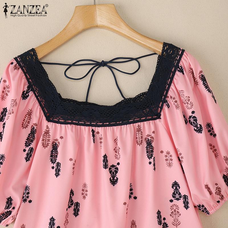 ZANZEA Women Summer Lace Splice Square Collar Short Sleeve Print Blouse