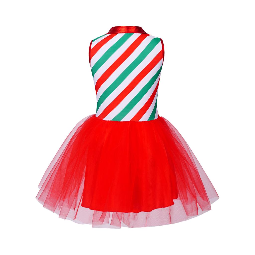 Kids Girls Christmas Costume Tulle Tutu Dress Candy Stripe Sleeveless Metallic Collar for Stage Performance Theme Party Holiday