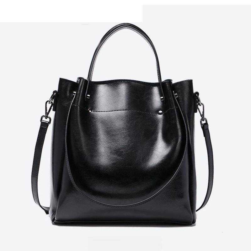 Genuine Leather Women's Bag Wax Leather Large Capacity Bucket Bag New Solid Color Fashionable Shoulder Bag Commuter Crossbody