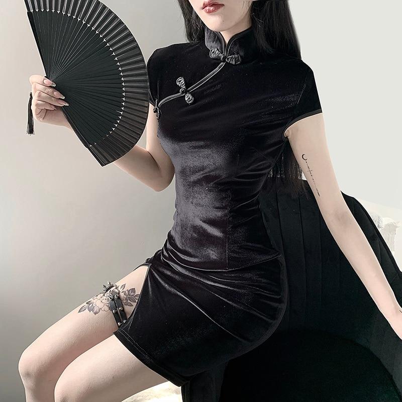 Vintage Velvet Cheongsam Dress Stand Collar Fashion Black Velvet Dress Women Traditional Chinese Clothing Qipao Harajuku Vestido
