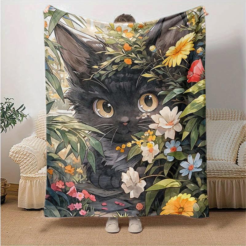 1pc Black Cat Flower Blanket  Soft & Cozy, Perfect Gift for Any Occasion,Living Room, Travel, Camping, Car Blankets