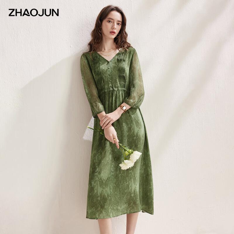 Zhaojun Women s Mulberry Silk Printed Pleated Seven-Sleeve Dress L