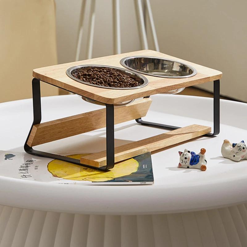 קערות עץ מוגבהות לגורי חתולים עם מעמד מתכוונן, מחזיק קערות מים ומזון מוגבהות לחתול, מזין לארנב לחיות מחמד קטנות ובינוניות