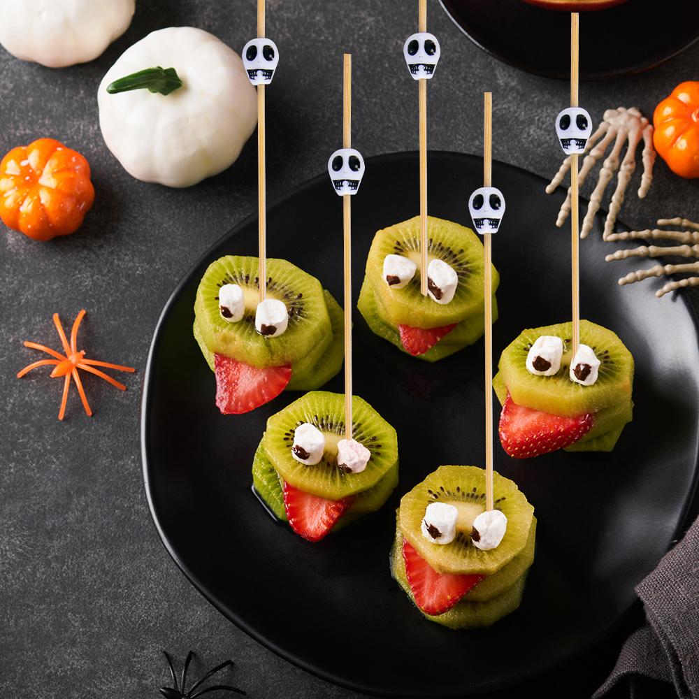 100pcs Halloween Skull Cocktail Picks Bamboo Toothpicks Fruits Sticks Appetizers Drinks Food Skewers Halloween Party Decoration
