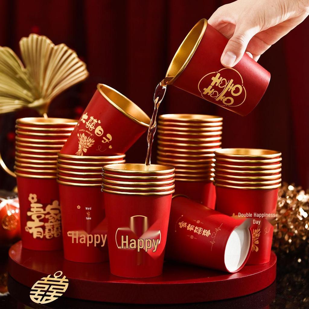 Luxurious Gold Thickened Disposable Wedding Cups - Elegant Red Tea Cups for Banquets & Household Use