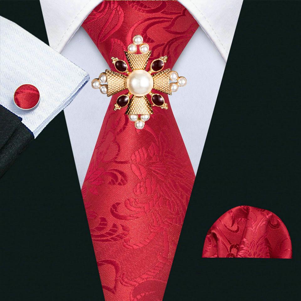 16 Styles Tie with Pearl Brooch for Men Paisley Woven Necktie Hanky Cufflinks Set Wedding Formal