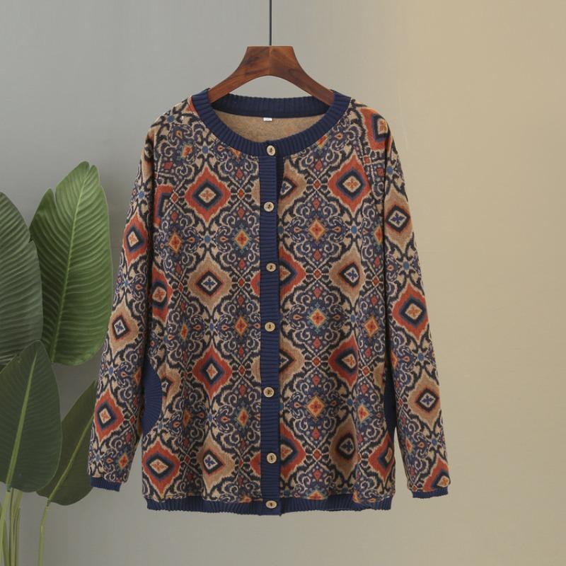 Middle-aged Elderly Spring and Autumn Sweater Knitted Cardigan Jacket Female Mother Embroidered Crew Neck Comfortable Top Old Lady