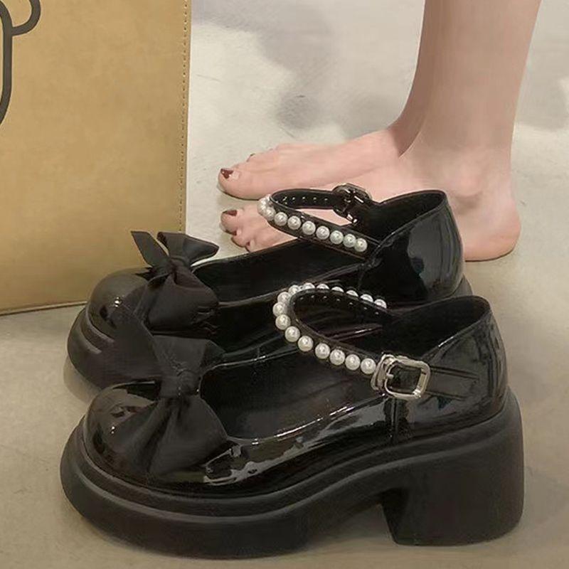 Mary Jane small leather shoes women's spring new thick-soled heightening bow with skirt thick heel high heel single shoes