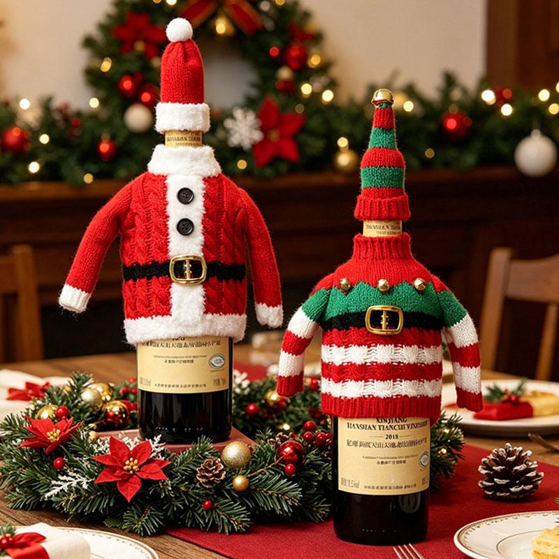 1Set Knitted Clothing Sweet Bottle Decoration Ambience Decoration Acrylic Christmas Red Striped Pattern Champagne Protector