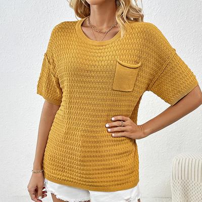 New Spring/Summer Women's Pullover Pocket Home Short Sleeve Solid Color Women's Knitwear