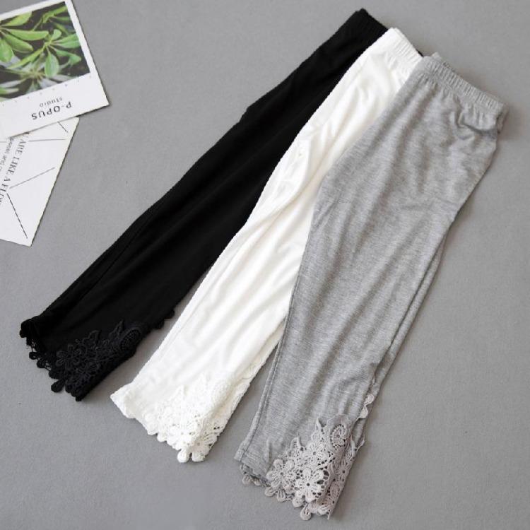 Women Skinny Pants Lace Hollow Leggings Mid Calf Capris Female Short