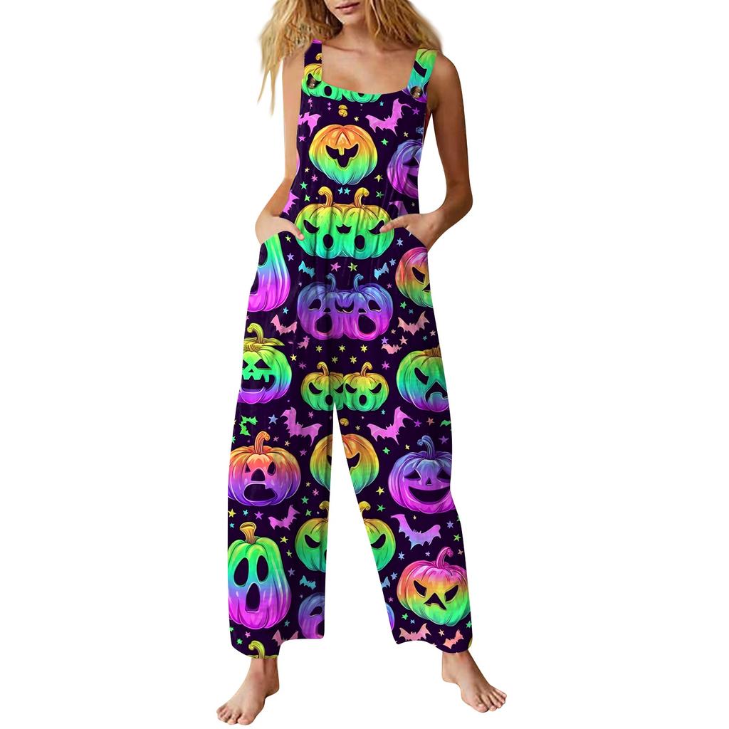 Women Sleeveless Jumpsuit Halloween Print Cotton Casual Loose Fit Wide Leg Romper Pocketed Overall Pants