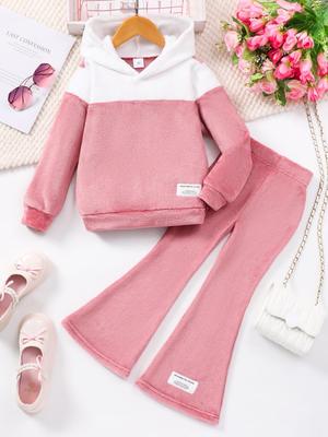 Herbst/Winter Plüsch Kapuzenpullover & Schlaghosen Set für Mädchen (Alter 4-7)