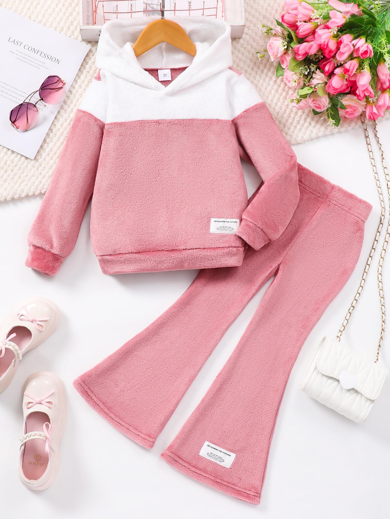 Girls  Autumn/Winter Plush Solid Color Hoodie & Flared Pants Set (Ages 4-7) 6 Years разноцветный