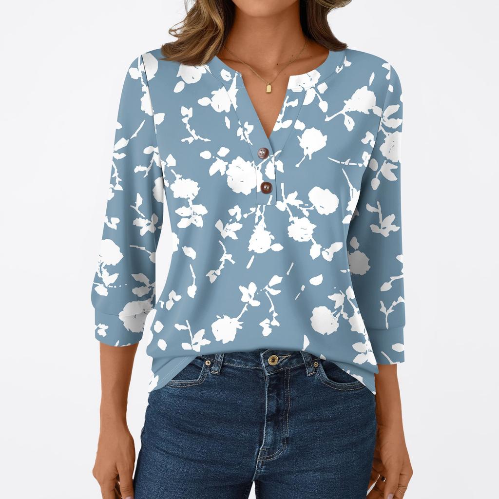 Women's Fashion Casual 3/4 Sleeve T-Shirt Prints V-Neck Button Top