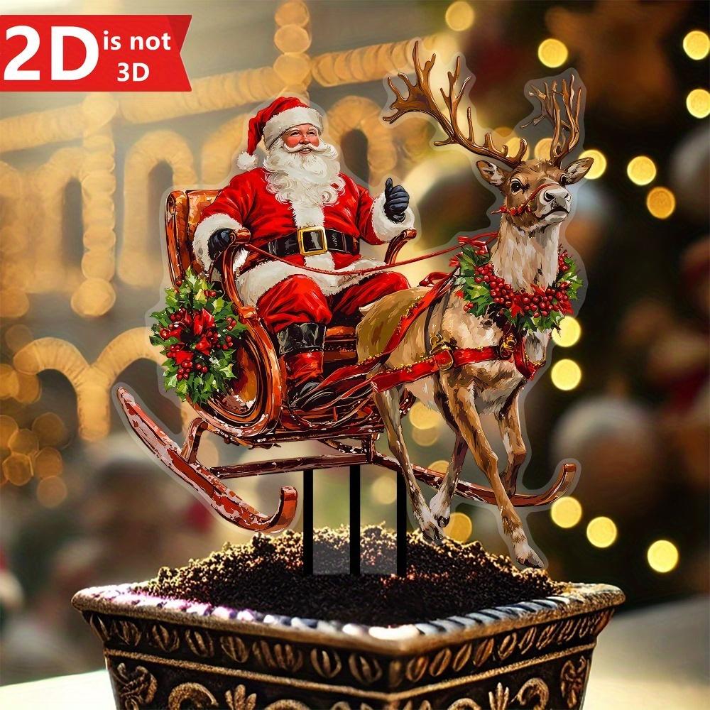 2D Santa & Reindeer Sled Garden Card. Weather-resistant Outdoor Decor for Courtyard & Flowerpots. Creative Holiday Gift.