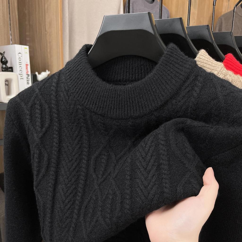 Men's Thick Warm Knitted Sweater, Half-High Collar, Winter Casual Mid-Age Dad Base Layer