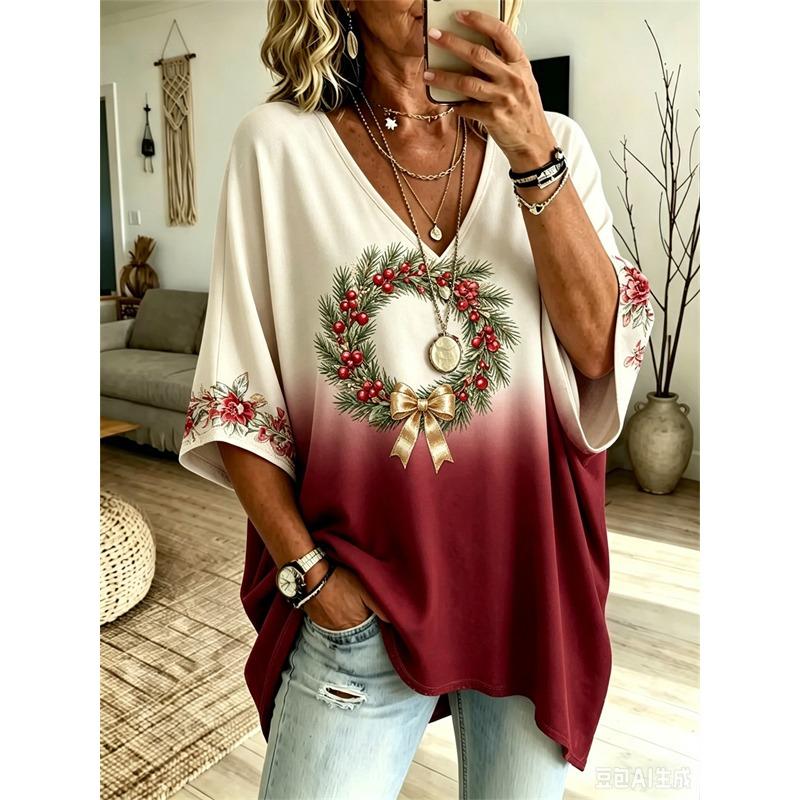 Camiseta de Manga Murciélago con Cuello en V para Mujer Tallas Grandes Estampado Étnico Bohemio Top Holgado Verano Cómodo Transpirable Uso Diario Casual Estilo Adelgazante