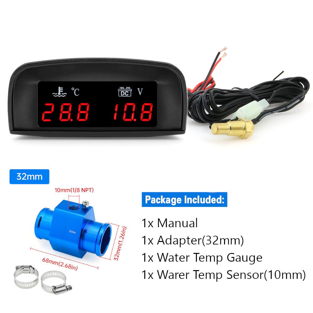 LCD Digital Car Truck 2 In 1 Water Temp + Voltmeter Gauge +10MM Coolant Temperature Sensor For 12V/24V Vehicle Car Gauges Meter